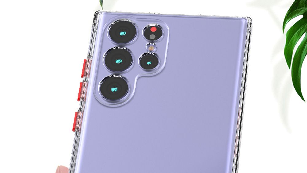 galaxy s22 leaked photo showing the phone in a clear case with a lavender finish