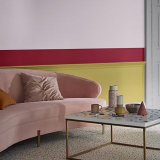 living room pink velvet sofa with cushions