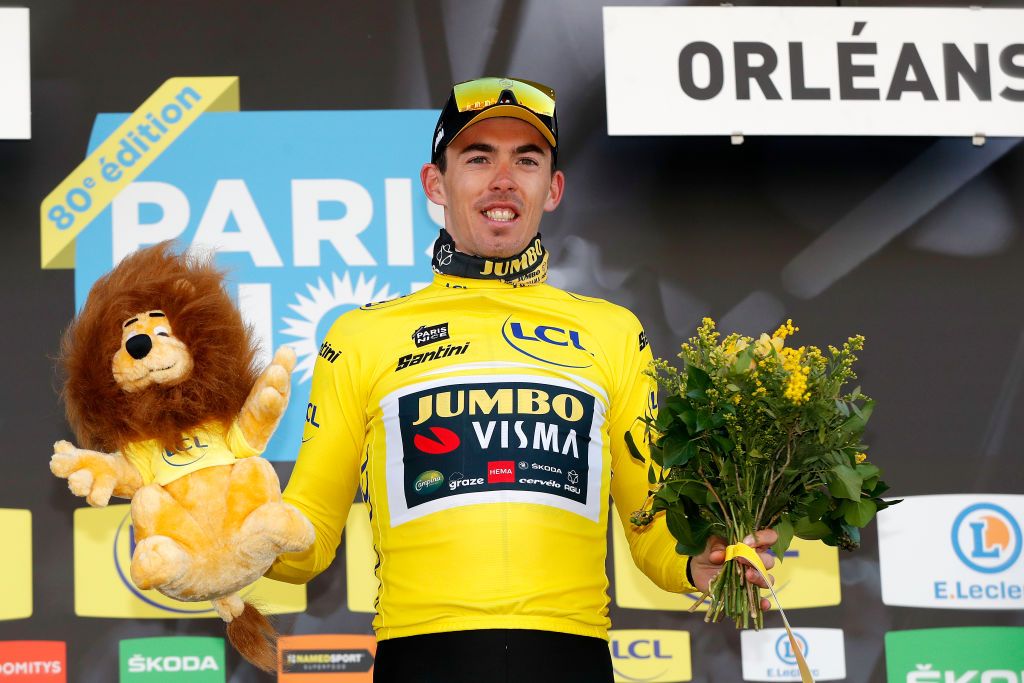 ORLEANS FRANCE MARCH 07 Christophe Laporte of France and Team Jumbo Visma celebrates winning the yellow leader jersey on the podium ceremony after the 80th Paris Nice 2022 Stage 2 a 1592km stage from Auffargis to Orlans ParisNice on March 07 2022 in Orleans France Photo by Bas CzerwinskiGetty Images