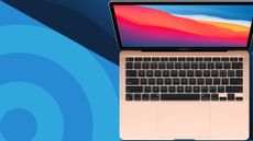 The macBook Air, one of the best long battery life laptop picks, against a techradar background