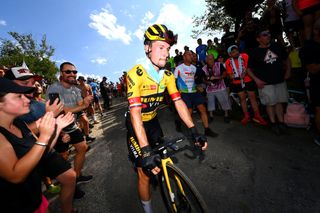 LES PRAERESNAVA SPAIN AUGUST 28 Primoz Roglic of Slovenia and Team Jumbo Visma competes while fans cheer during the 77th Tour of Spain 2022 Stage 9 a 1714km stage from Villaviciosa to Les Praeres Nava 743m LaVuelta22 WorldTour on August 28 2022 in Les Praeres Nava Spain Photo by Tim de WaeleGetty Images