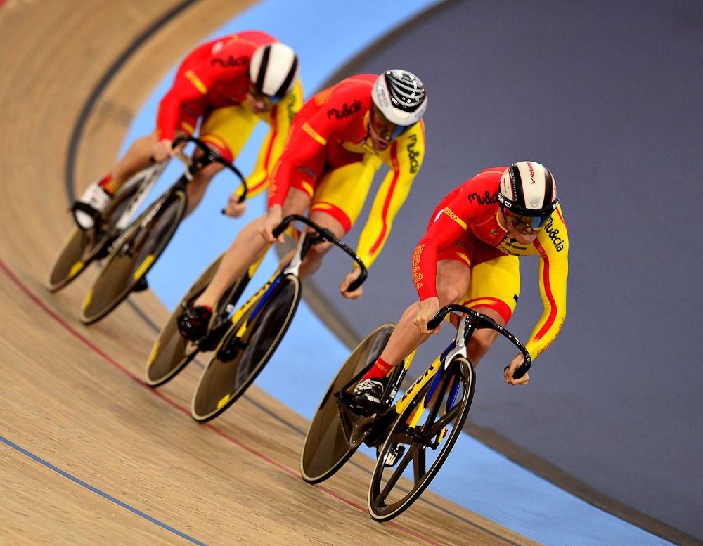 The Spain Team compete in the Mens Team Sprint Qualification round during the UCI Track Cycling World Championships