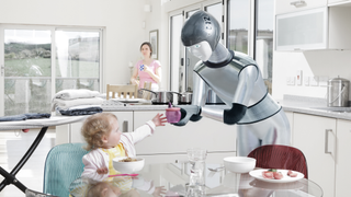 Robot feeding baby in a kitchen, mother in background