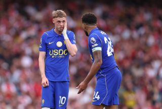 Cole Palmer and Reece James of Chelsea react during the Premier League 2026/27 match between Arsenal FC and Chelsea FC at Emirates Stadium on September 06, 2026 in London, England.