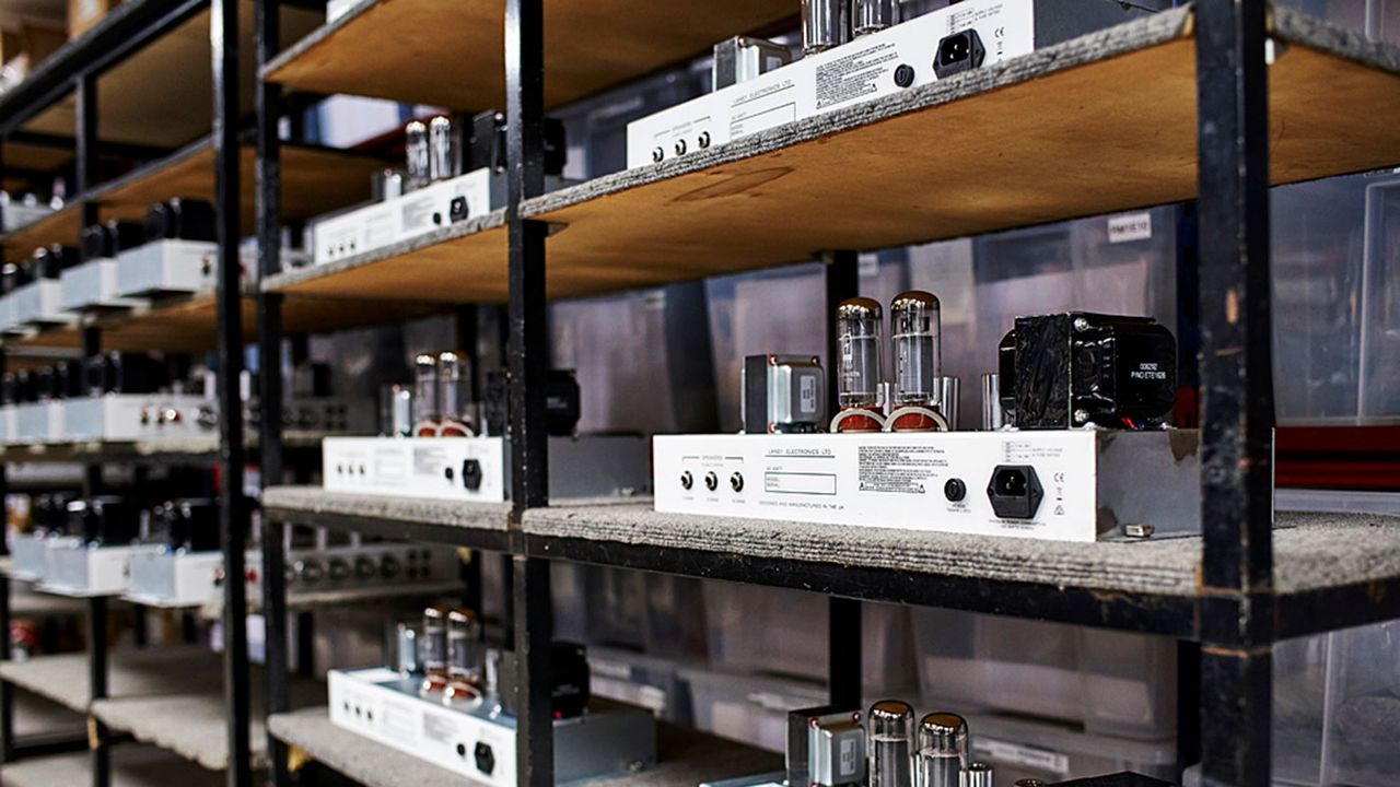 An array of Laney 30- watt amps lines the walls of the Custom Shop