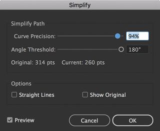 Illustrator’s Simplify tool, showing the number of anchor points before and after as Curve Precision is lowered