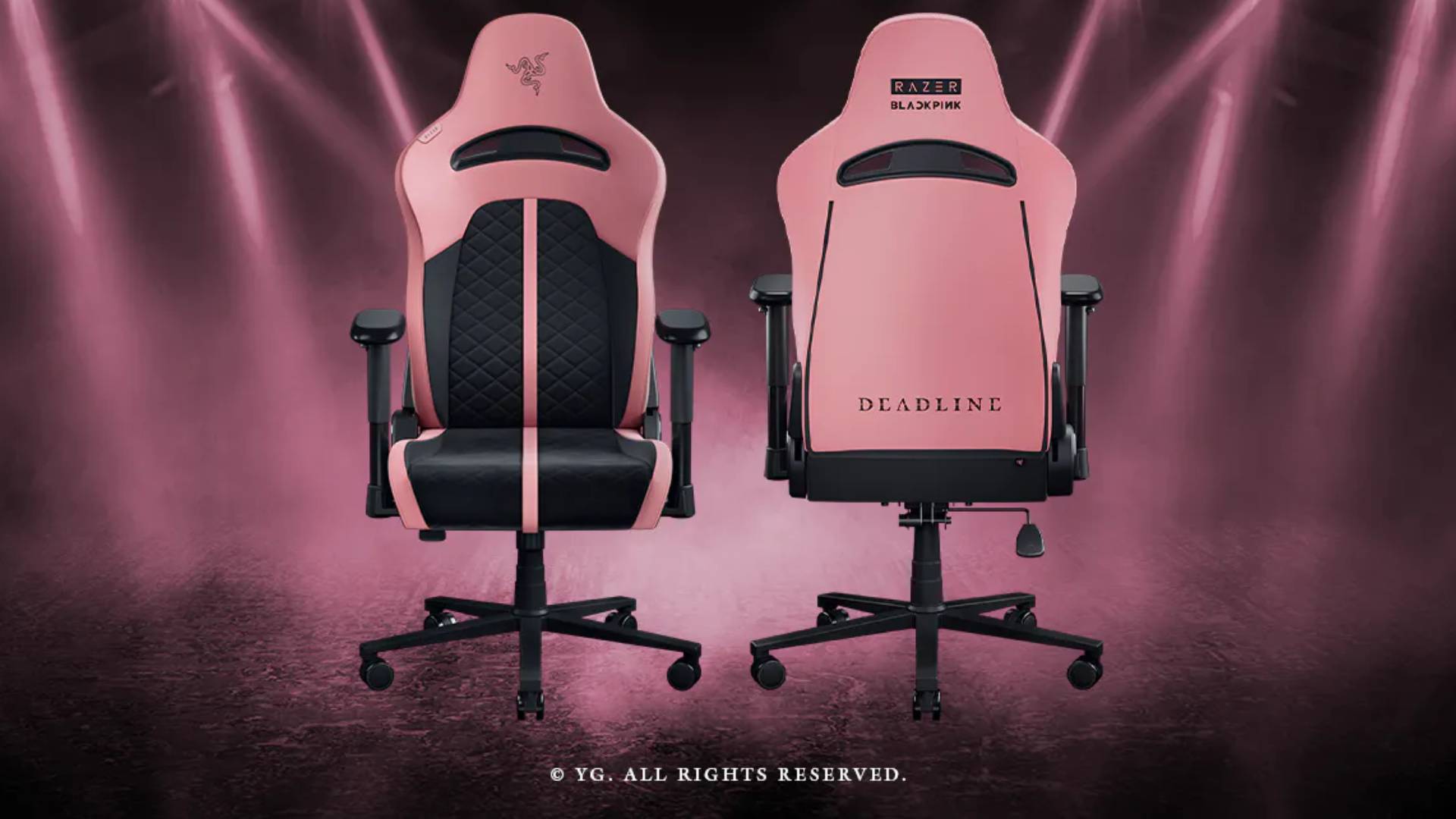 Image of the Razer Blackpink gaming chair with a black and pink background behind it.