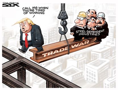 Political cartoon U.S. Trump steel industry trade war tariffs