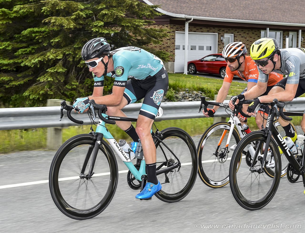 Nicolas Zukowsky (Floyd's Pro Cycling) leading Tyler Magner (Rally UHC Cycling) and Brendan Rhim (Arapahoe-Hincapie)