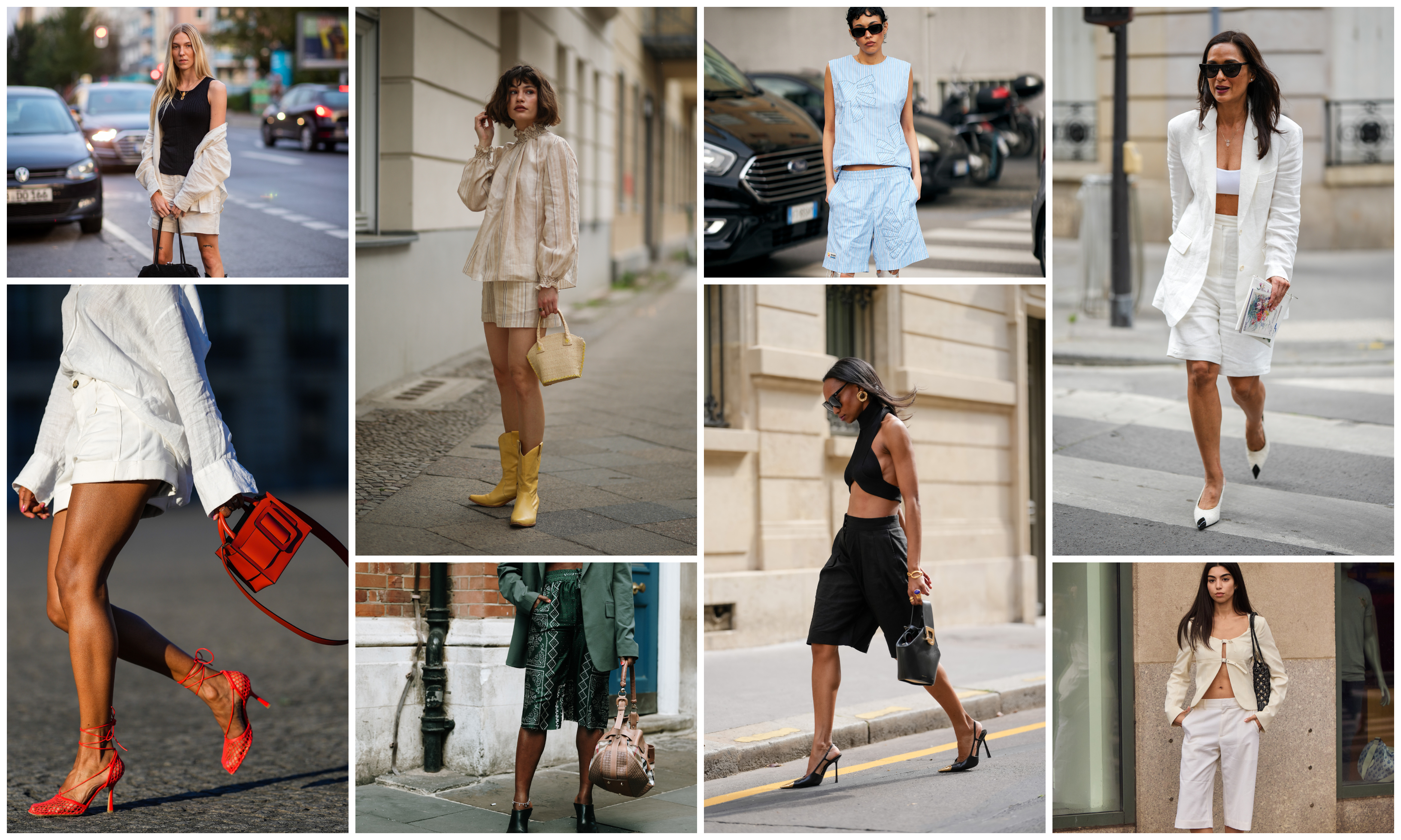 A collage of women wearing linen shorts