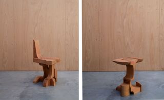 A pair of chairs made of red cedar wood. Each chair is composed like a puzzle, using the elements cut from a single block of wood.