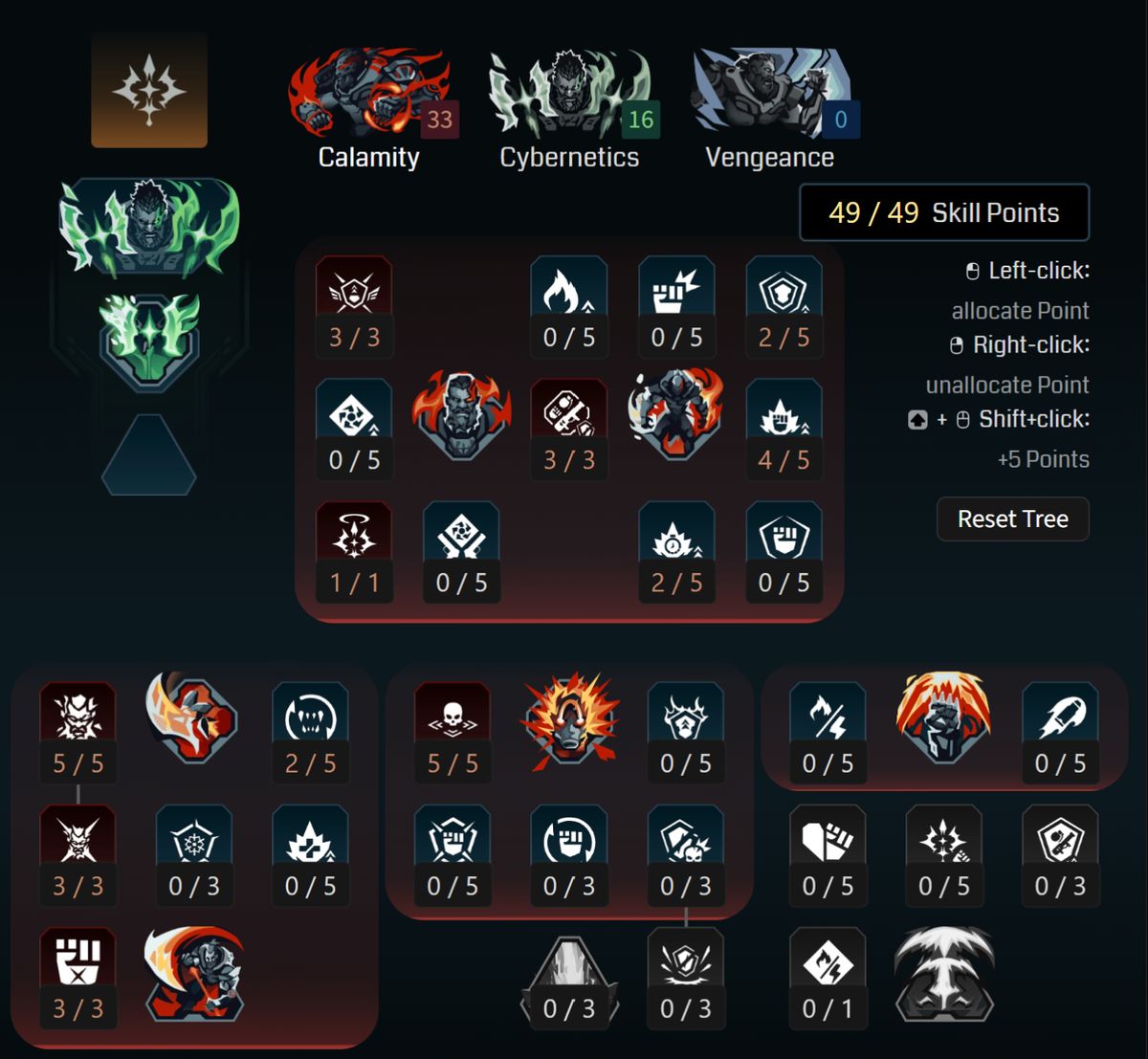 Borderlands 4 Amon levelling build: A screenshot of Amon's Calamity tree for his levelling build from Maxroll's builder.