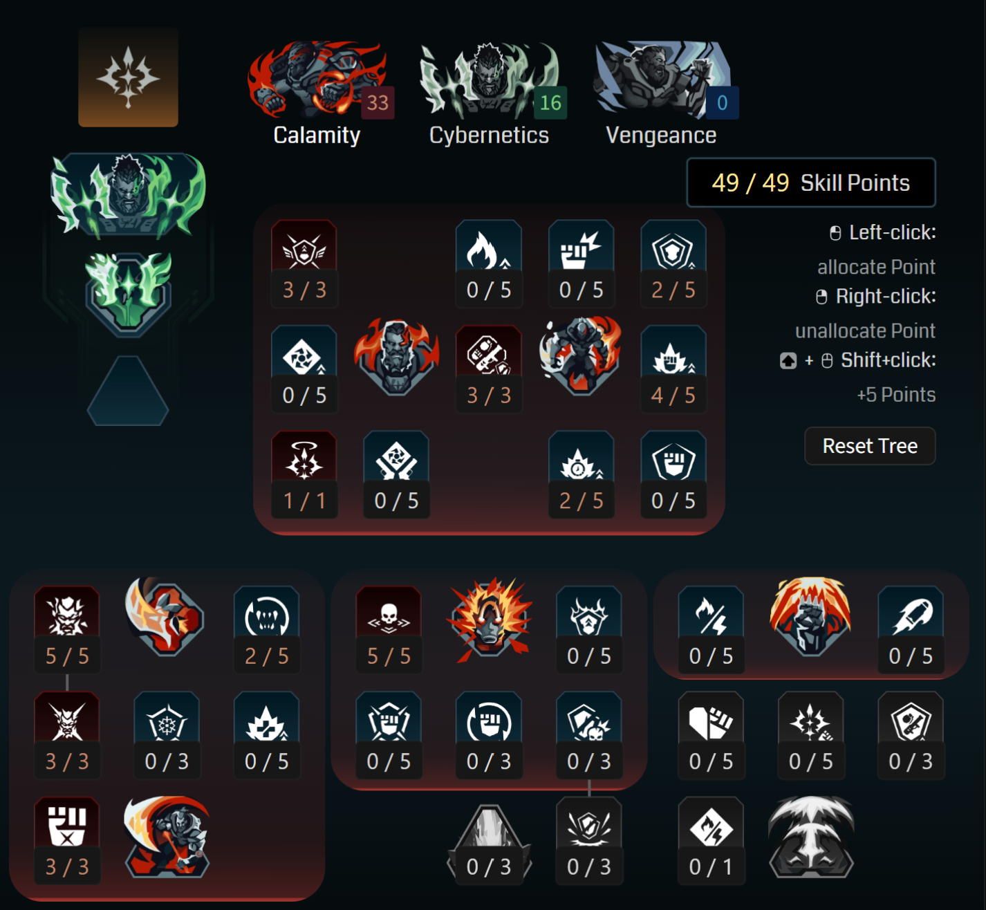 Borderlands 4 Amon levelling build: A screenshot of Amon's Calamity tree for his levelling build from Maxroll's builder.