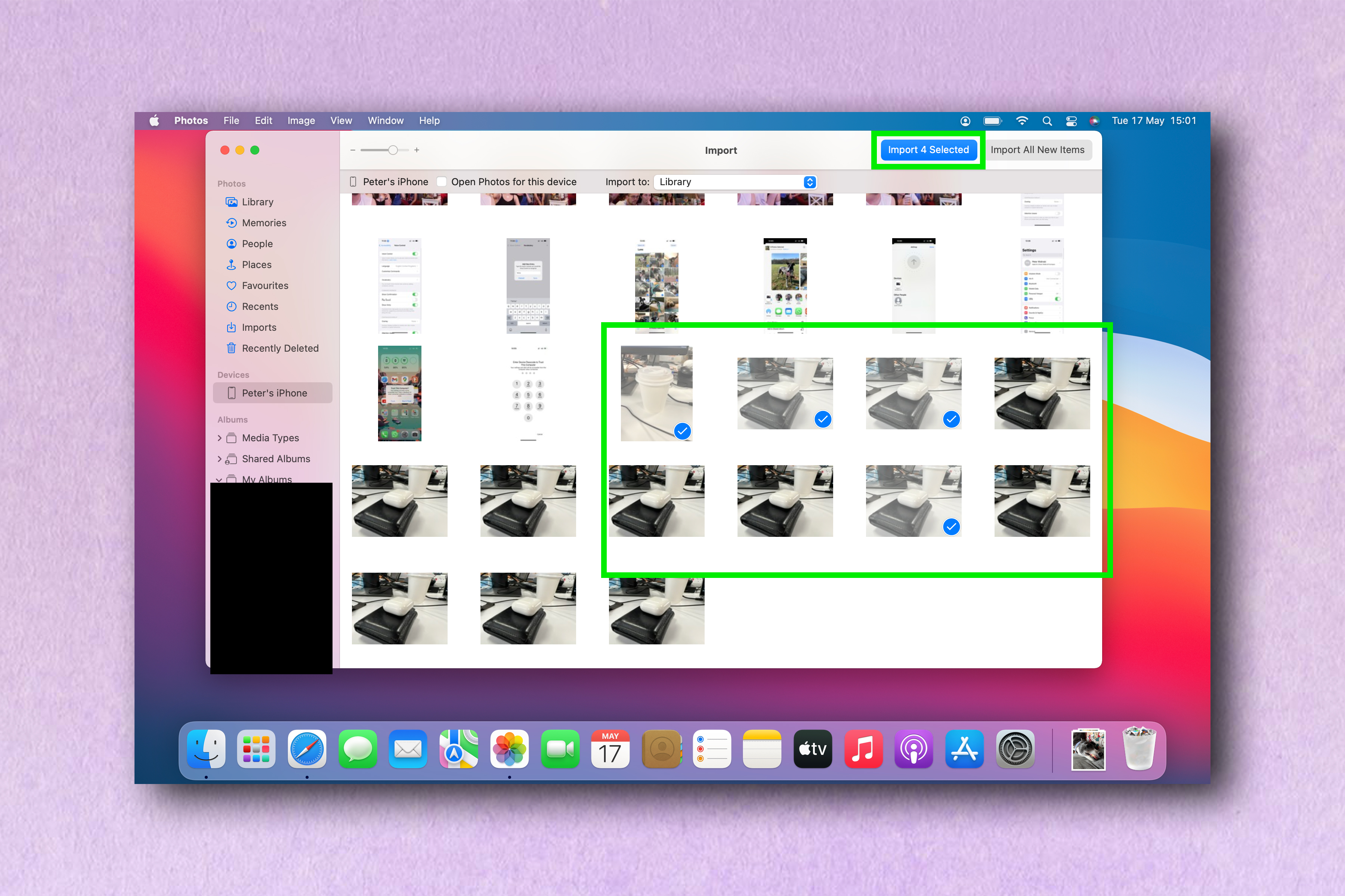Screenshots showing how to transfer photos from iPhone to Mac