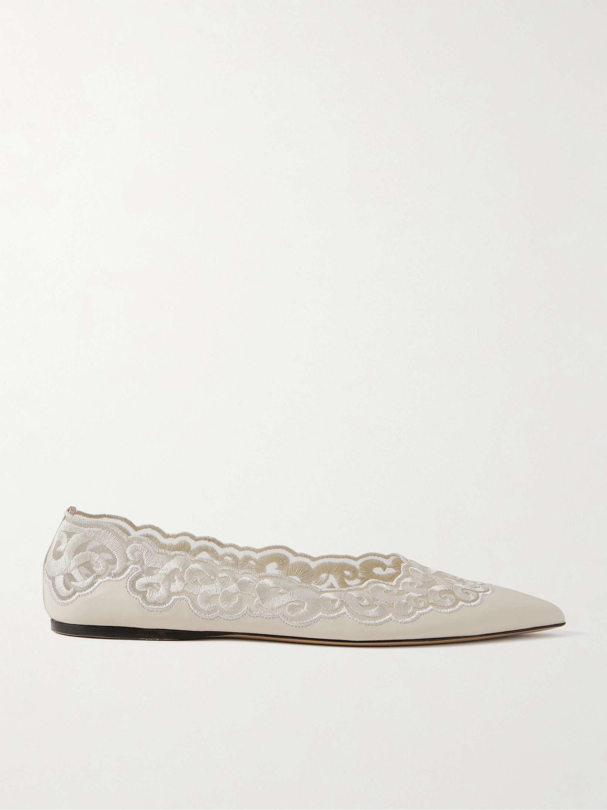 Ziva Leather and Embroidered Tulle Point-Toe Flats