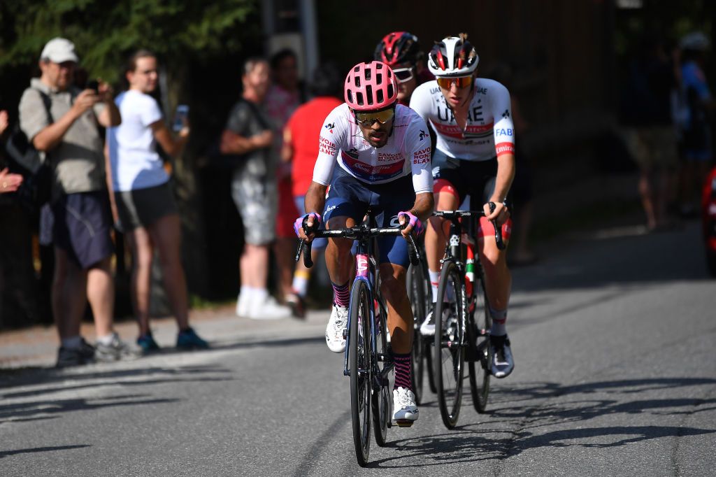MEGEVE FRANCE AUGUST 16 Daniel Felipe Martinez Poveda of Colombia and Team EF Education First White Best Young Rider Jersey Tadej Pogacar of Slovenia and Team UAE Team Emirates Pavel Sivakov of Russia and Team Ineos Breakaway during the 72nd Criterium du Dauphine 2020 Stage 5 a 1535km stage from Megeve to Megeve 1458m dauphine Dauphin on August 16 2020 in Megeve France Photo by Justin SetterfieldGetty Images