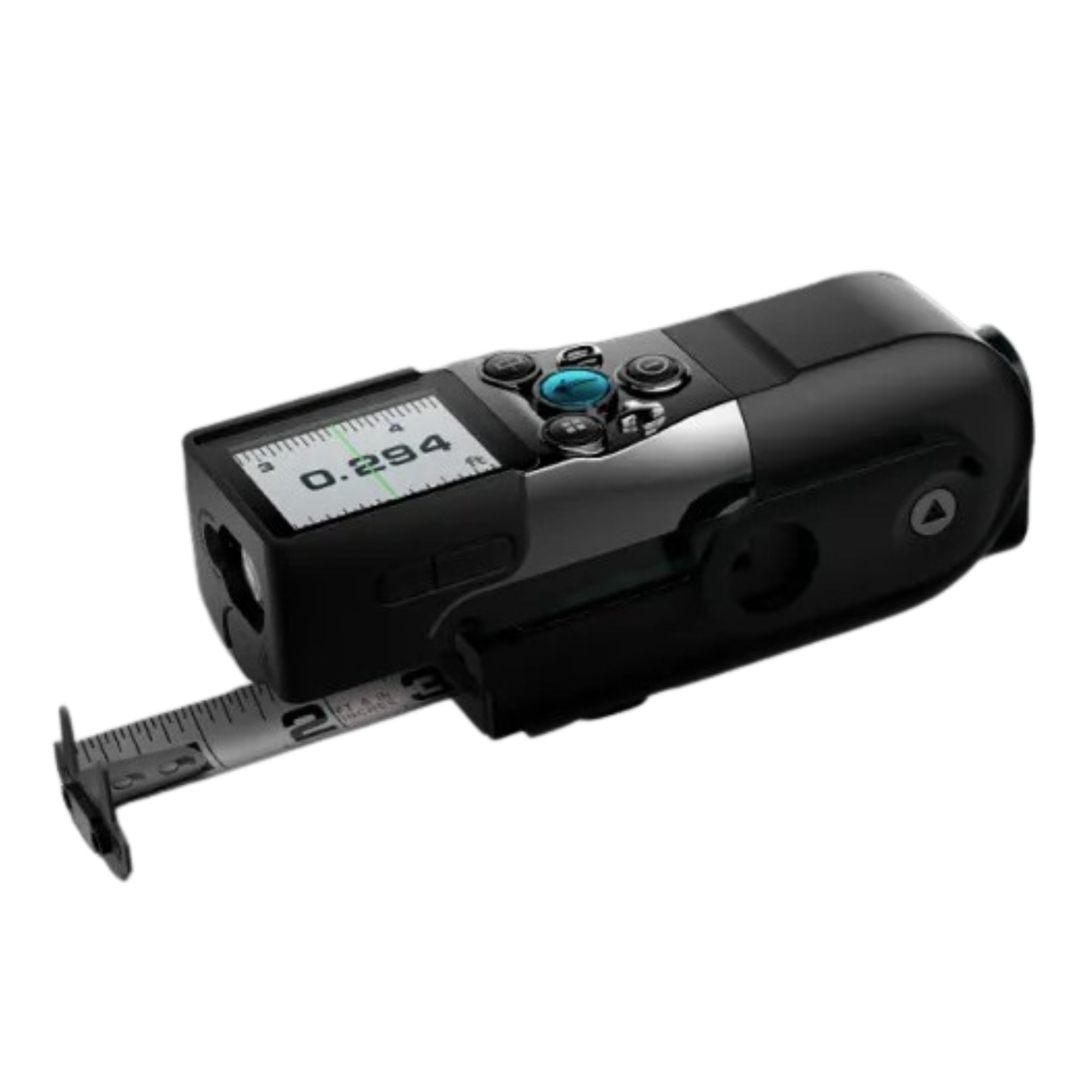Black small digital measuring tape with six button top and a digital screen