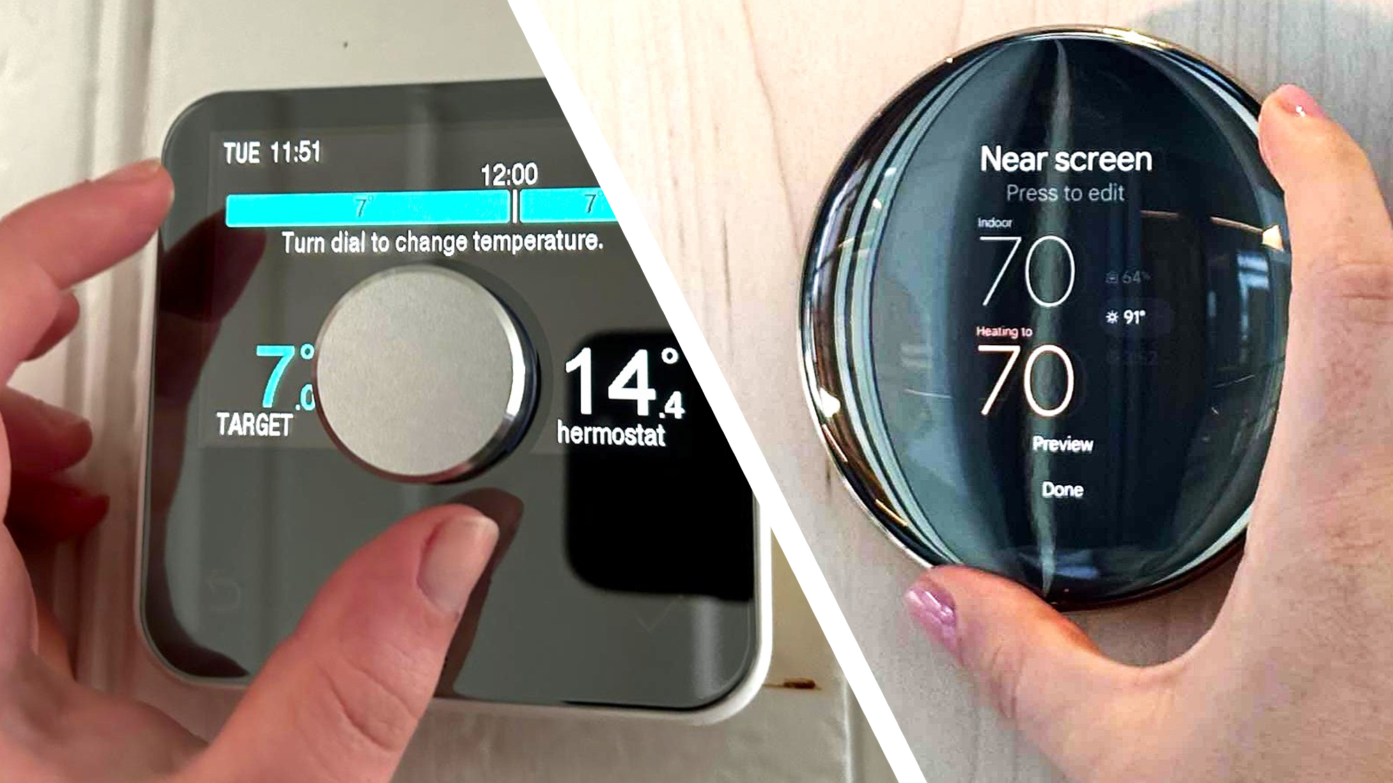 Split image showing two different smart thermostats being adjusted by hand