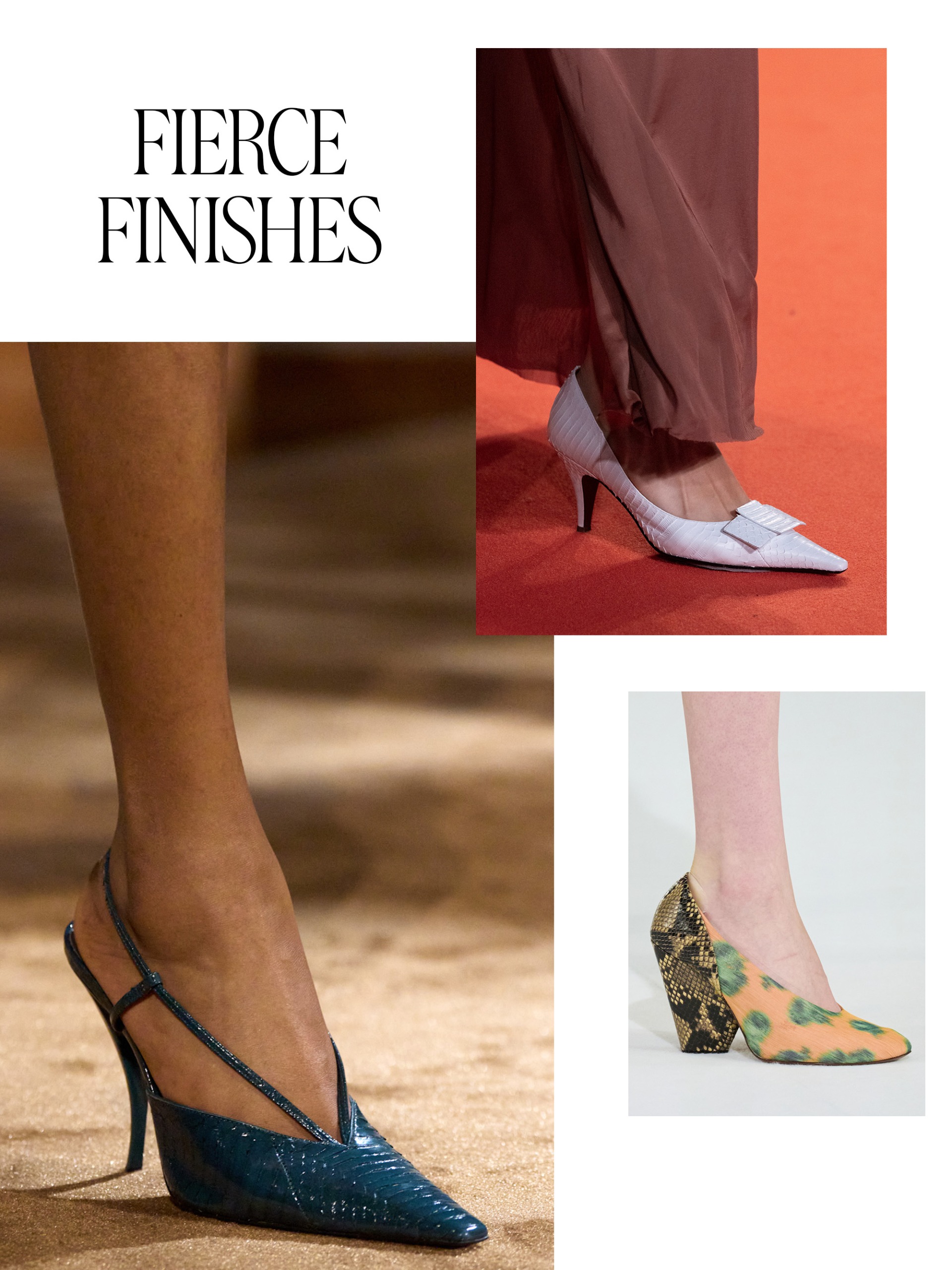 a collage of detail and full look runway images from the spring/summer 2027 collections featuring the major shoe trends