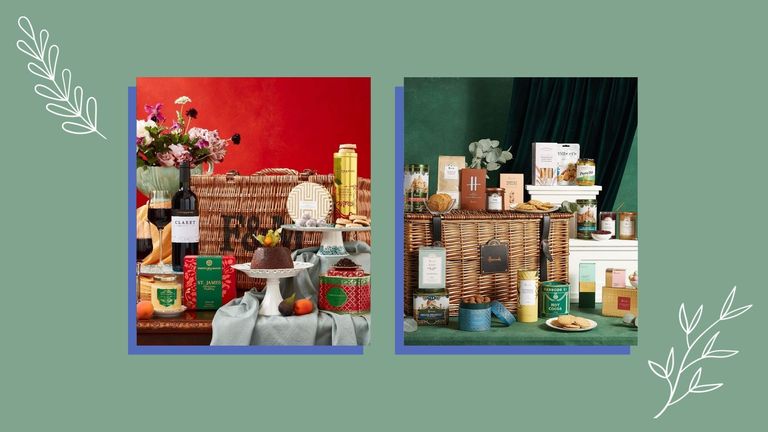 Side-by-side photo collage of the best Christmas hampers from Fortnum & Mason and Harrods