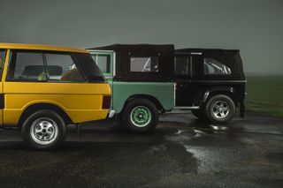 Everrati Electric drive classics – Range Rover Classic (left), Land Rover Series IIA (centre), Land Rover Defender (right)