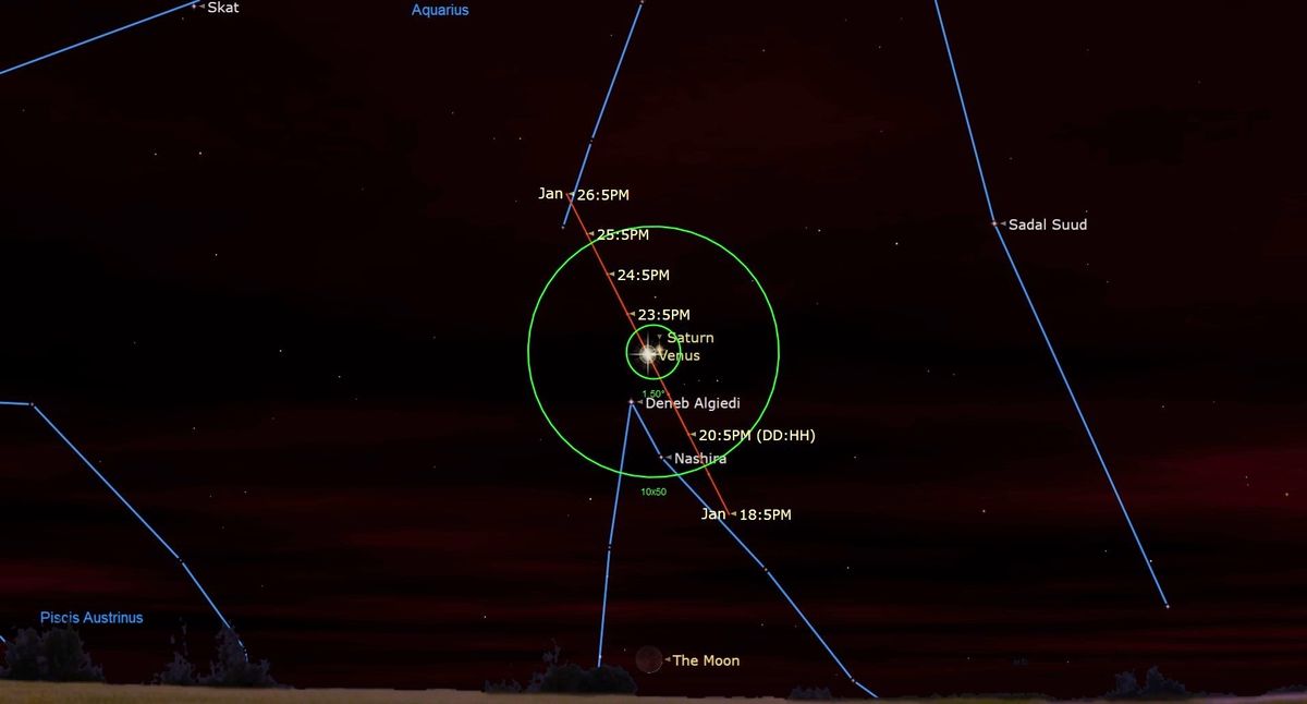 An illustration of the evening sky on Jan. 22 showing the conjunction of Venus and Saturn.