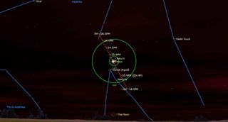 An illustration of the night sky on Jan. 22 showing the close approach of Venus and Saturn.