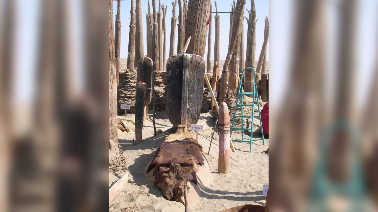 The ancient burials at the Xiaohe cemetery were often marked with upright poles. This boat-shaped coffin was covered in a cattle hide and marked with an upright structure that seems to represent an oar.