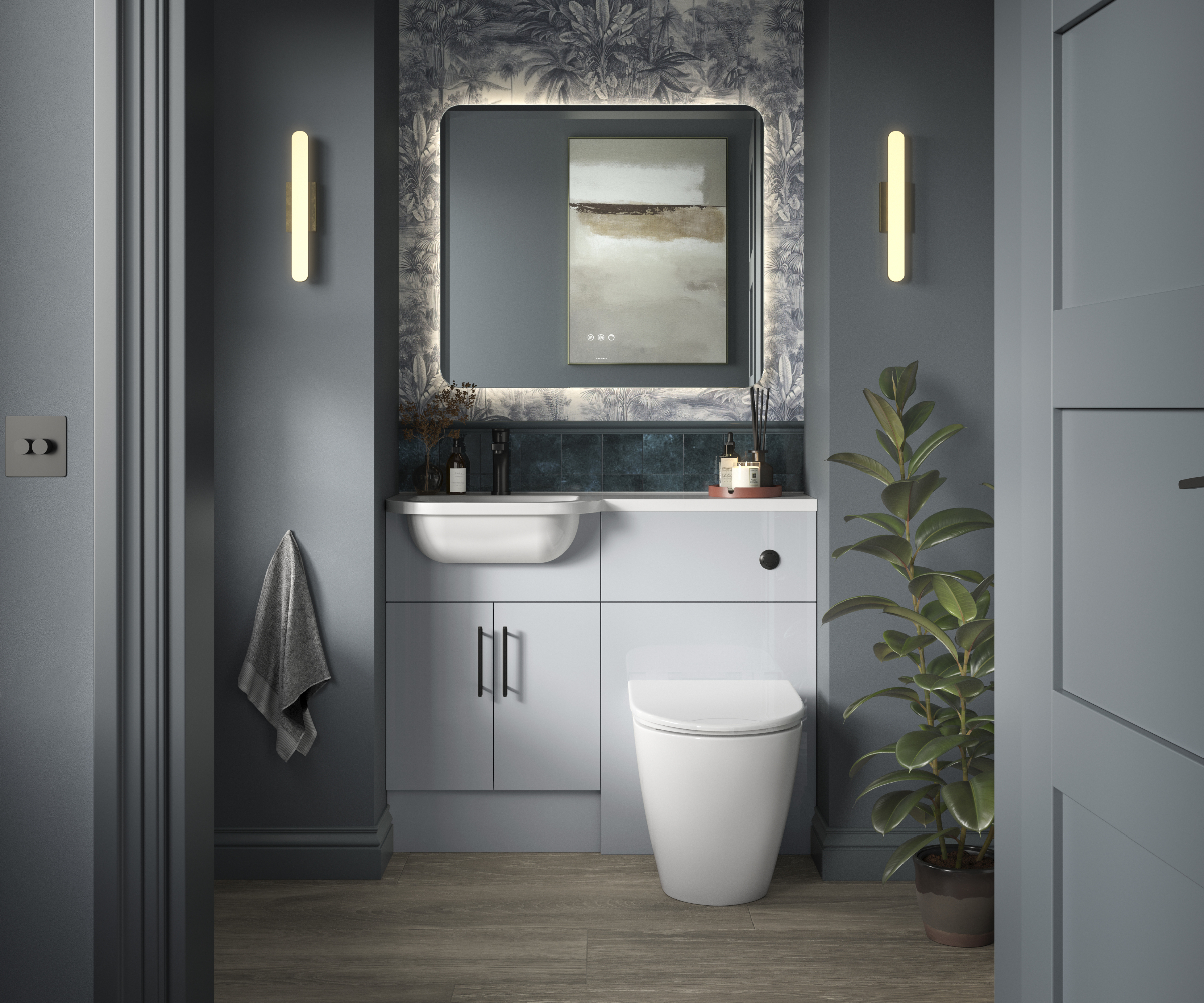 grey bathroom with built in vanity, sink and toilet
