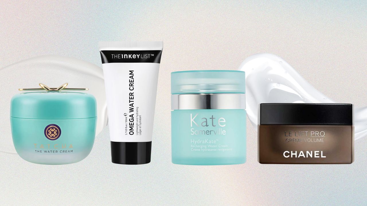 Collage of four of the best night creams for oily skin from (left to right) Tatcha, The INKEY List, Kate Somerville and Chanel, set in front of two product swatches against a pastel blue, cream and pink ombre effect background