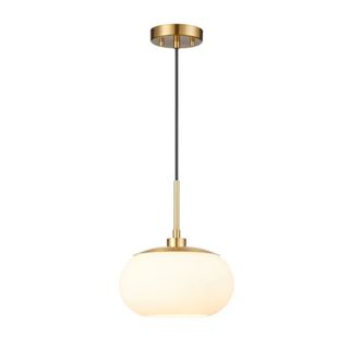 A gold hanging pendant light with an opaque cream glass bulb