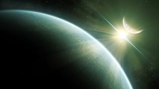 an illustration of an alien planet orbiting a bright star
