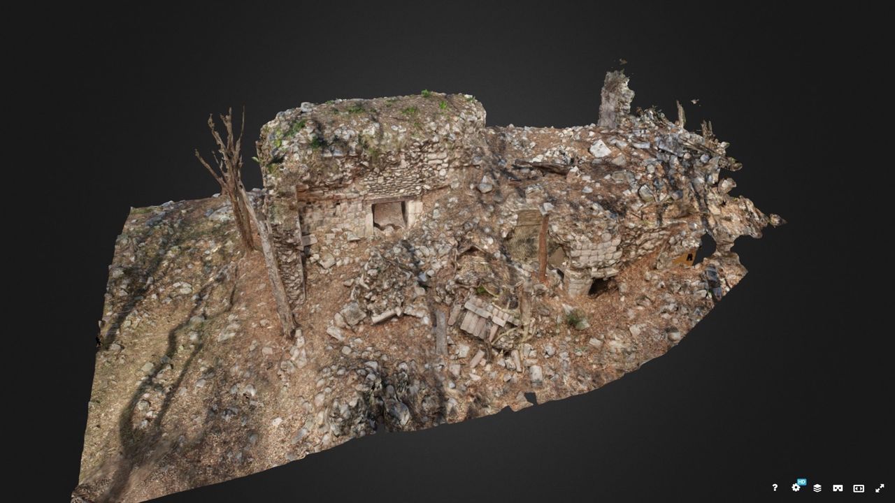 A 3D image of a two-story Maya palace in the Puuc region.