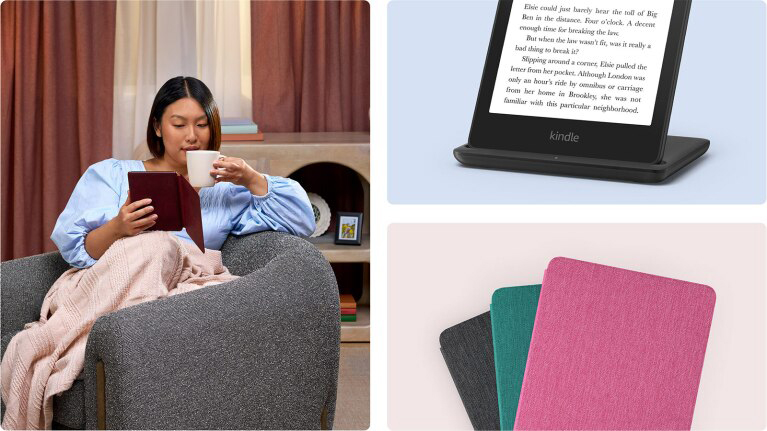 Una persona sentada en un sofá leyendo un Amazon Kindle Paperwhite 2024, junto a dos imágenes del lector electrónico