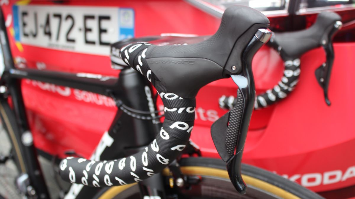 The Orbea is equipped with Shimano Dura-Ace 9070 levers and mechs