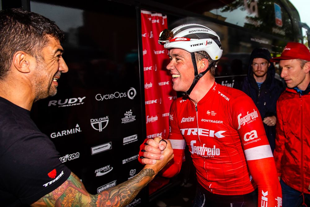 Mads Pedersen gets congratulations after winning Tour de l'Eurom&eacute;tropole
