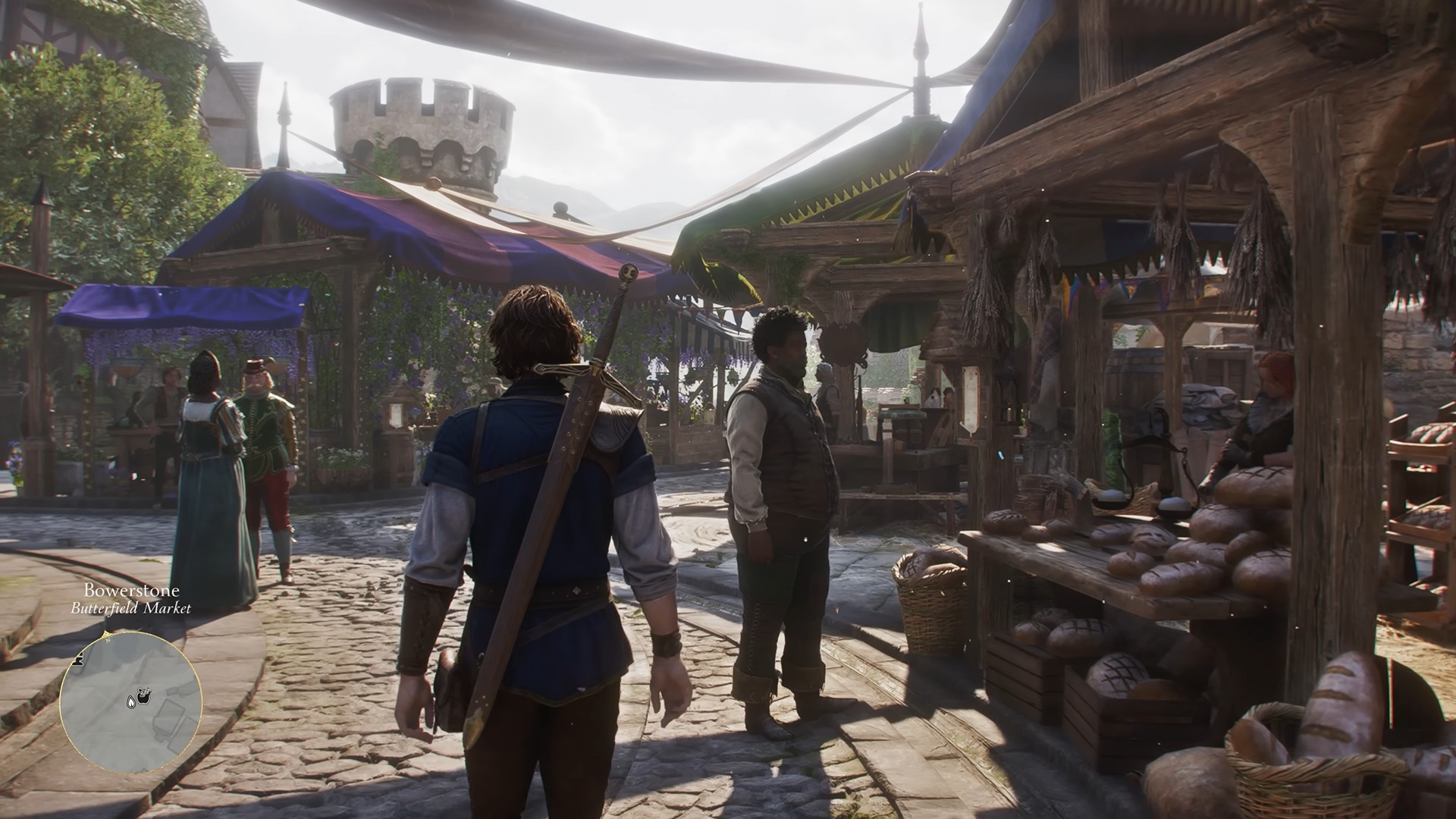 Fable screenshot showing the player hero character walking through a marketplace on a cobbled stone pathway