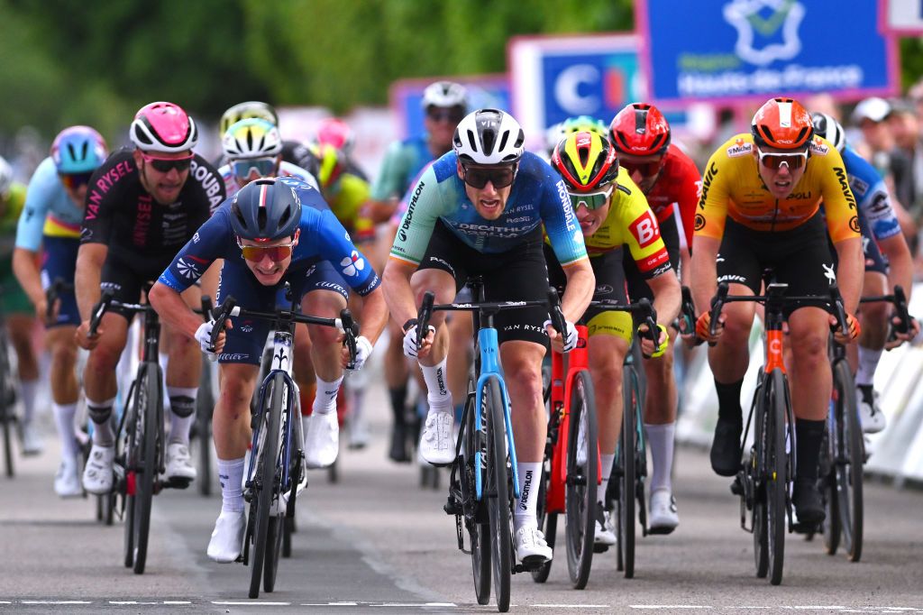 ABBEVILLE FRANCE MAY 15 LR Paul Penhoet of France and Team Groupama FDJ and stage winner Sam Bennett of Ireland and Decathlon AG2R La Mondiale Team sprint at finish line during the 68th 4 Jours de Dunkerque Grand Prix des Hauts de France 2024 Stage 2 a 1843km stage from Wimereux to Abbeville on May 15 2024 in Abbeville France Photo by Luc ClaessenGetty Images