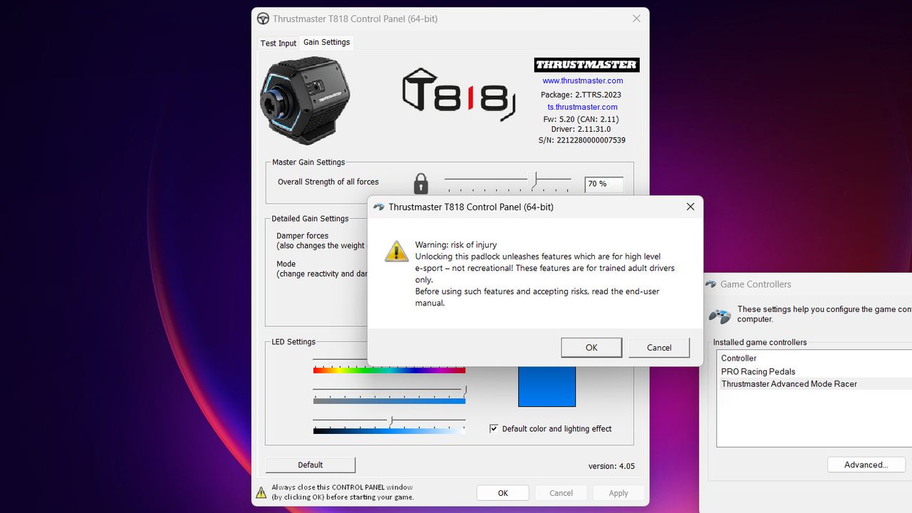Thrustmaster T818 control panel app displaying adjustable settings