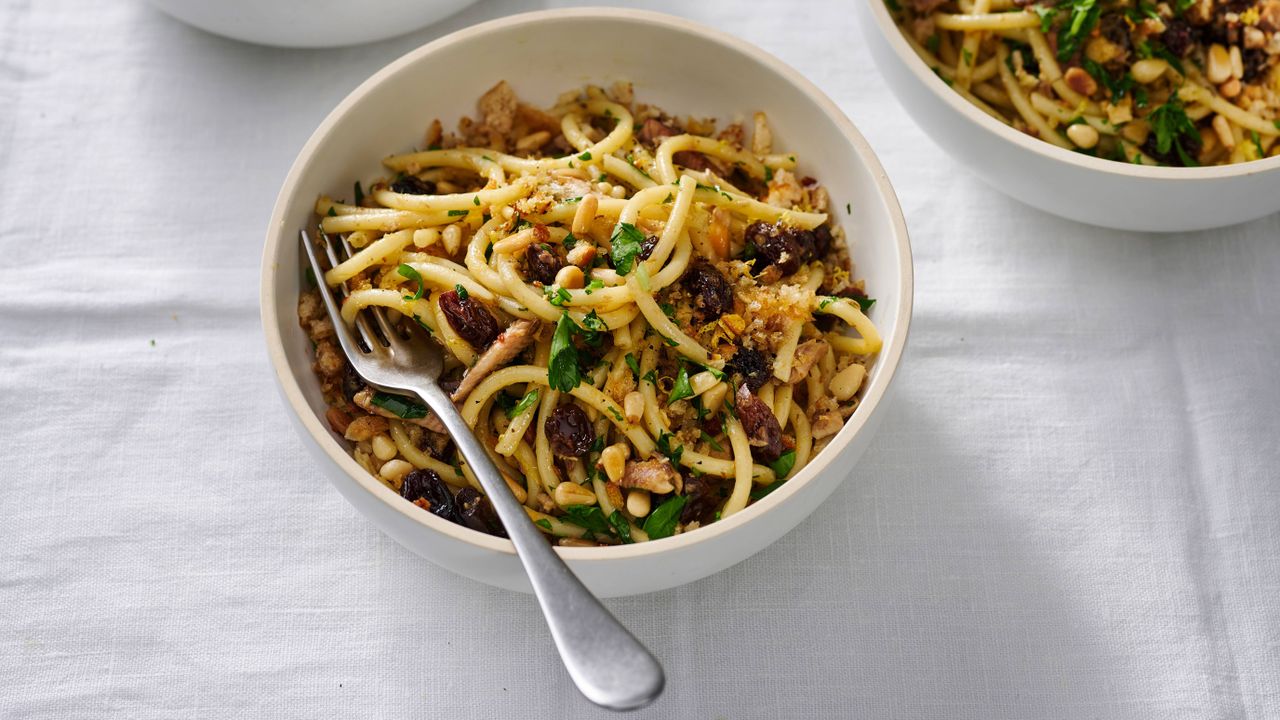 Spaghetti with sardines, lemon and crispy breadcrumbs 