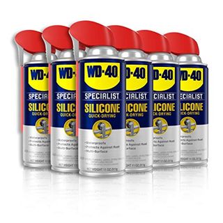 6 silver cans of Wd-40 Specialist Silicone Lubricant With Smart Straw Sprays, with red spray lids and blue and yellow labels