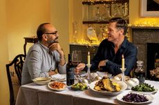 Jos&eacute; Pizarro and husband Peter at table with Christmas meal