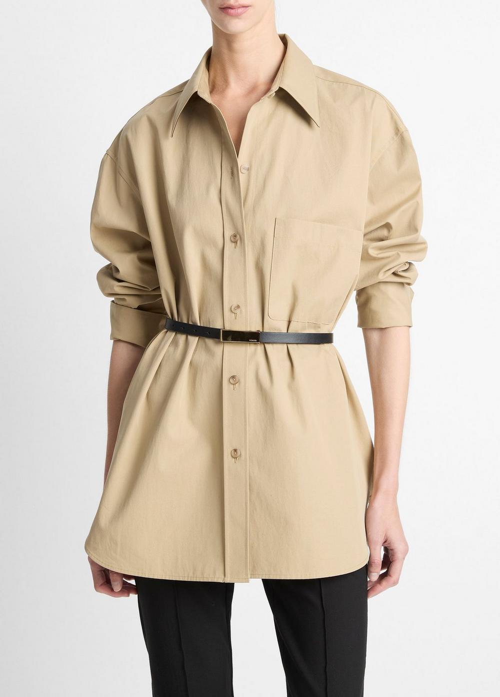 Faux-Leather-Trim Italian Cotton Oversized Button-Front Shirt