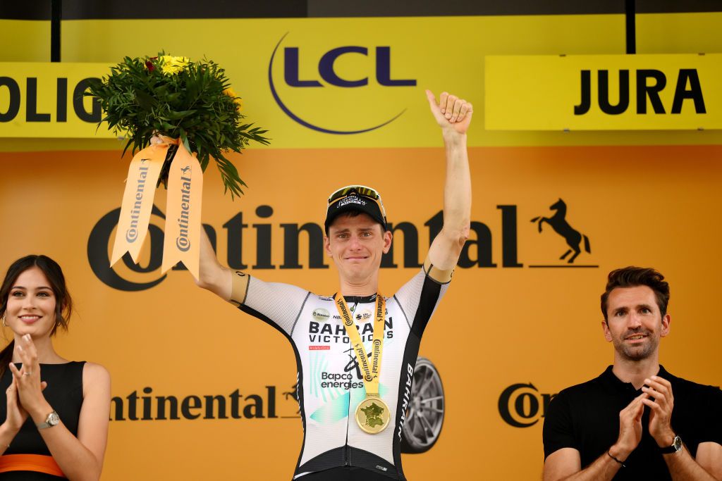 POLIGNY FRANCE JULY 21 Matej Mohoric of Slovenia and Team Bahrain Victorious celebrates at podium as stage winner during the stage nineteen of the 110th Tour de France 2023 a 1728km stage from MoiransenMontagne to Poligny UCIWT on July 21 2023 in Poligny France Photo by David RamosGetty Images