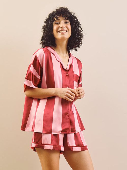 Womens Satin Oversize Shortie Pyjamas Pink Stripe