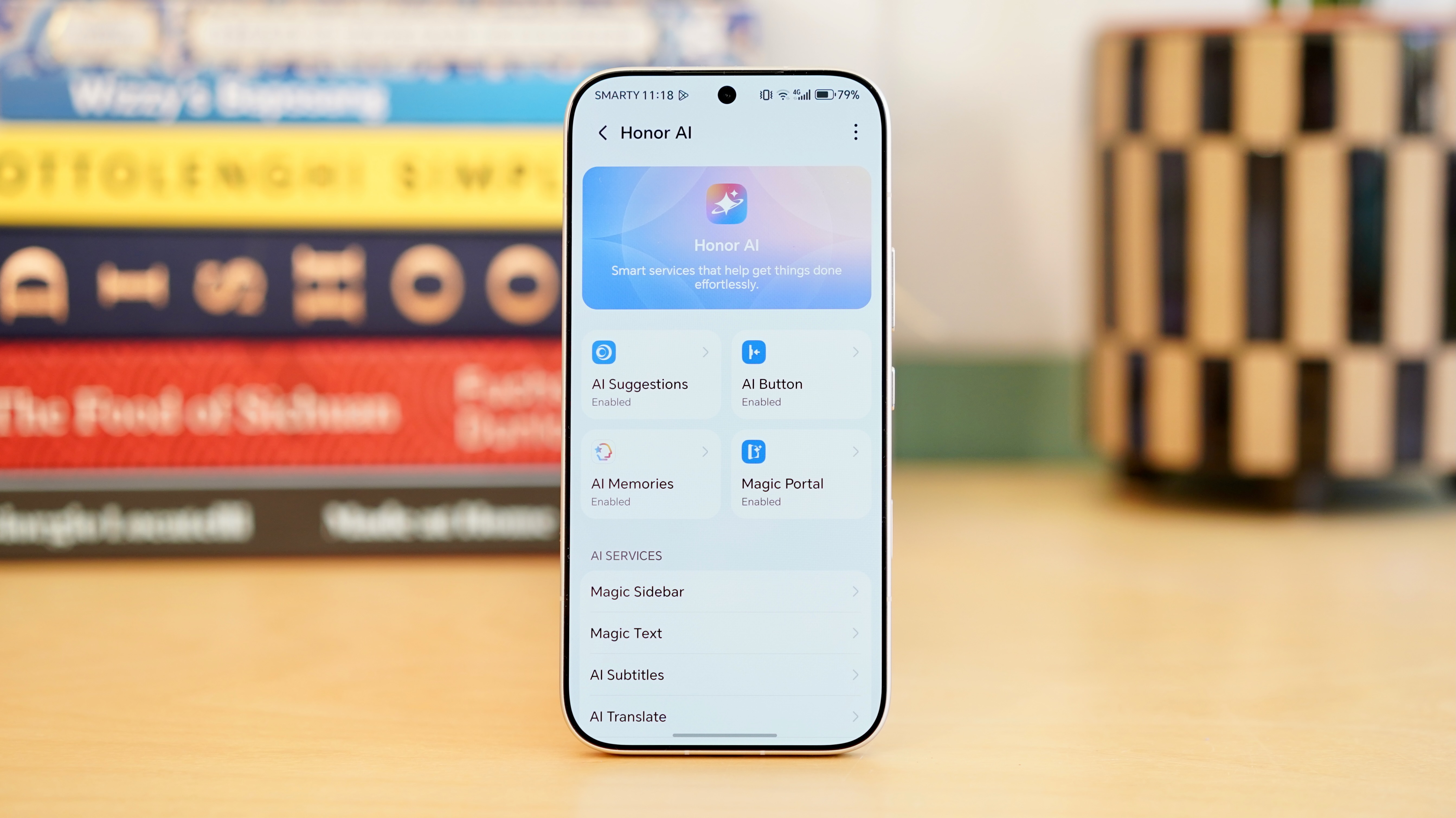 A white Honor 600 Pro resting on a wooden table