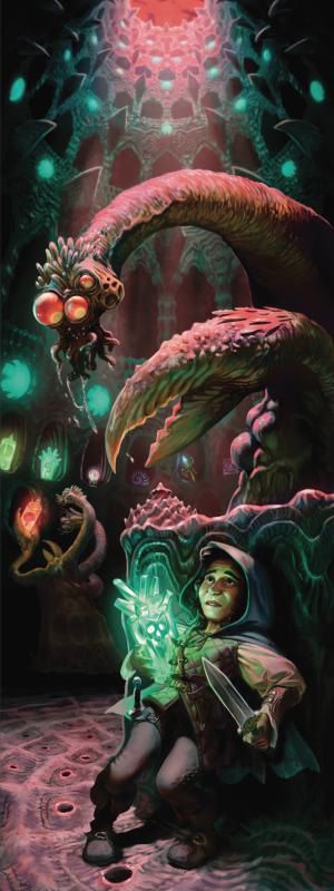 A multi-eyed, clawed creature looms over a hooded adventurer clutching a skull-like crystal cylinder, sword drawn