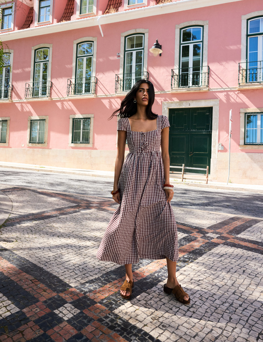 Brown Gingham Heidi Midi Dress