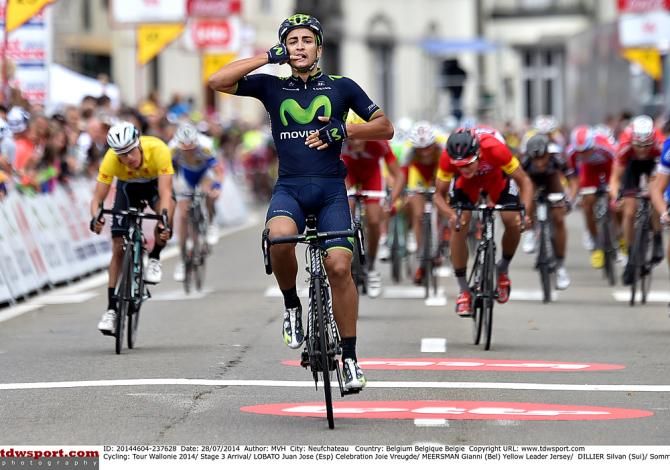 Juan Jose Lobato (Movistar Team) wins stage three and gives an interesting victory salute