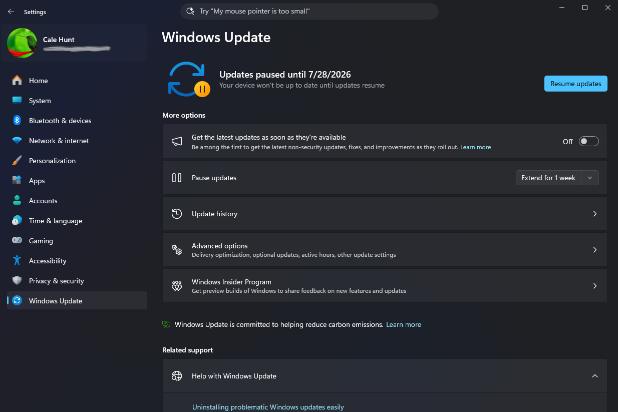Windows Update settings screen with updates paused until 7/28/2026. Options for updates, pause, history, advanced settings, and Windows Insider Program are visible on a dark-themed interface.